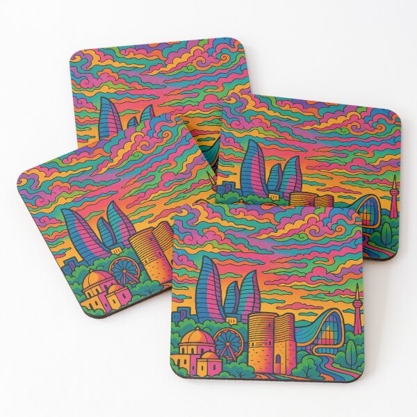 Item preview, Psychedelic Baku Poster | Trippy Retro Azerbaijan Travel Art | Vibrant Flame Towers, Caspian Sea & Old City Illustration | Groovy Baku Wall Decor designed and sold by PaintedPixels01.