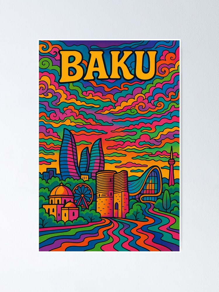 Psychedelic Baku Poster | Trippy Retro Azerbaijan Travel Art