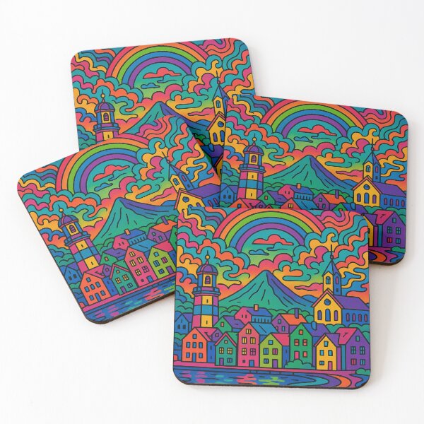 Item preview, Psychedelic Tórshavn Poster | Trippy Retro Faroe Islands Travel Art | Vibrant Harbor, Colorful Houses & Coastal Landscape Illustration | Groovy Nordic Wall Decor designed and sold by PaintedPixels01.