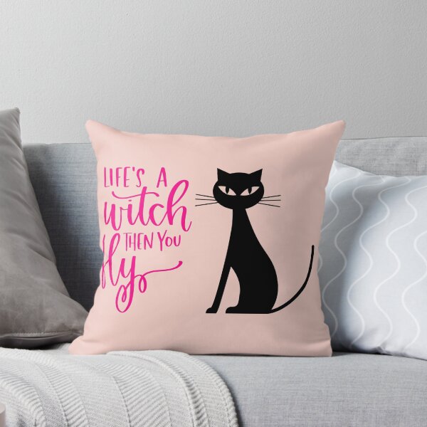 Item preview, Life's a Witch Then You Fly Halloween Cat Print (Pink) designed and sold by ToluaPrints.