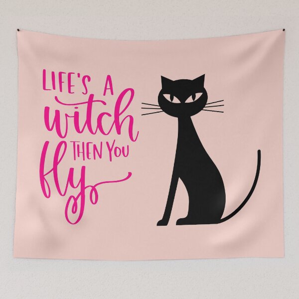 Item preview, Life's a Witch Then You Fly Halloween Cat Print (Pink) designed and sold by ToluaPrints.