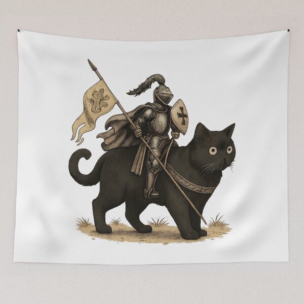 Item preview, Medieval Knight Riding Black Cat Fantasy Vintage Illustration Design designed and sold by DrawHandArt.
