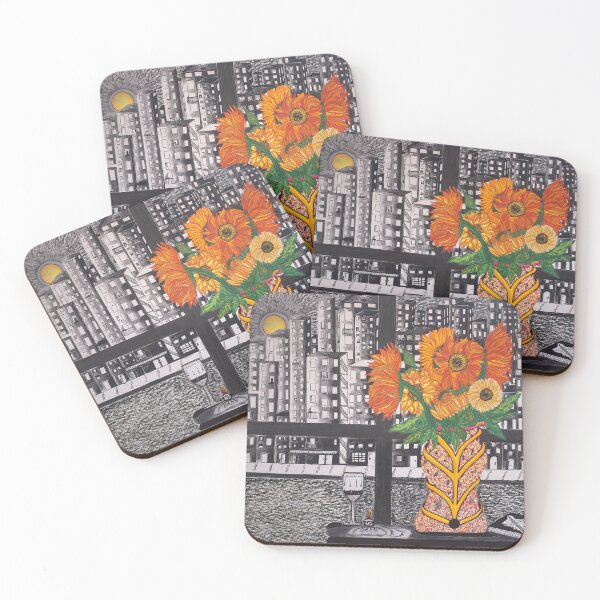 Item preview, City Silence, sunflowers looking out at the black and white city designed and sold by VIBRANTBYSHY.