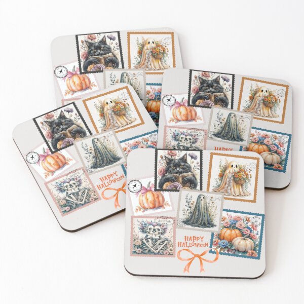 Item preview,  Vintage Autumn Halloween Postage Stamps, Cozy Ghost, Skeleton Couple, Pumpkins, Witchy Cat designed and sold by KolorellaS.
