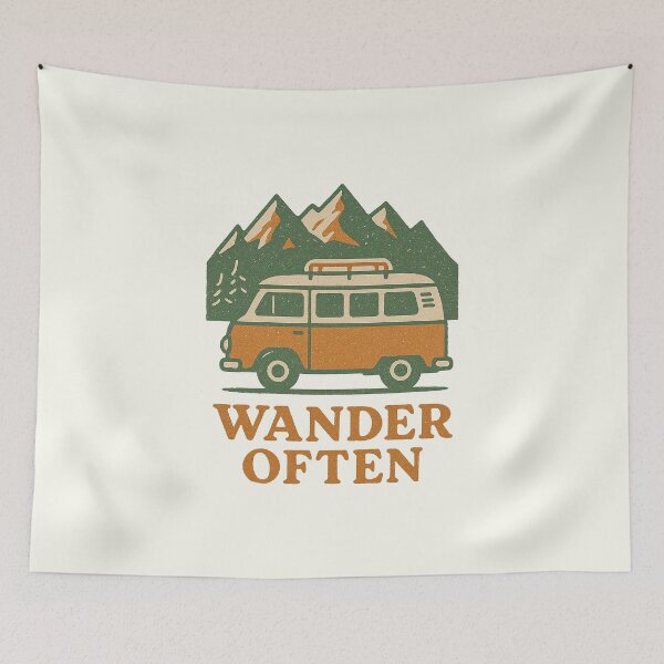 Item preview, Wander Often — Vintage Camper Van & Mountains Retro Illustration designed and sold by HoopeStylee.