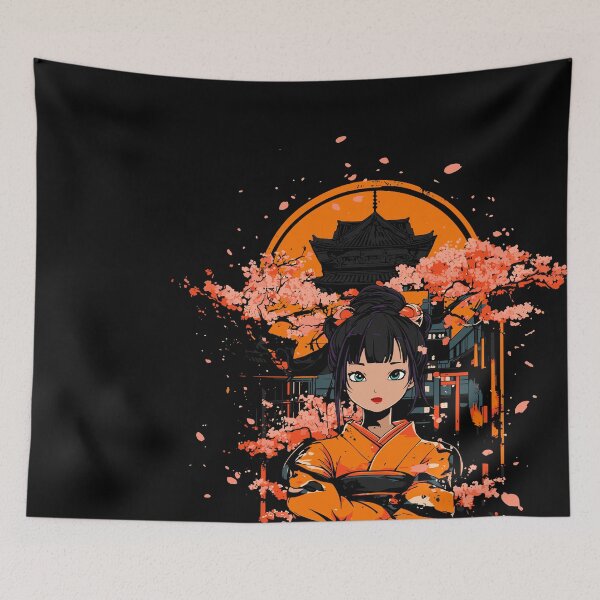 Item preview, Geisha in front of a pagode with sakura designed and sold by MaveArts.