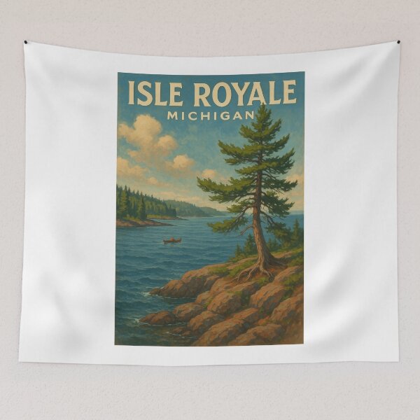 Item preview, Isle Royale National Park Michigan Rocky Shoreline and Canoe designed and sold by Aryabek.