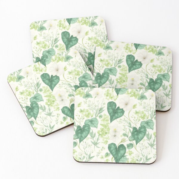 Item preview, Elegant Green Botanical Pattern with Heart-Shaped Leaves and White Flowers designed and sold by FestivityFinds.
