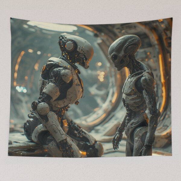 Item preview, Un robot con inteligencia artificial se encuentra con un extraterrestre designed and sold by TheDarkWardrobe.