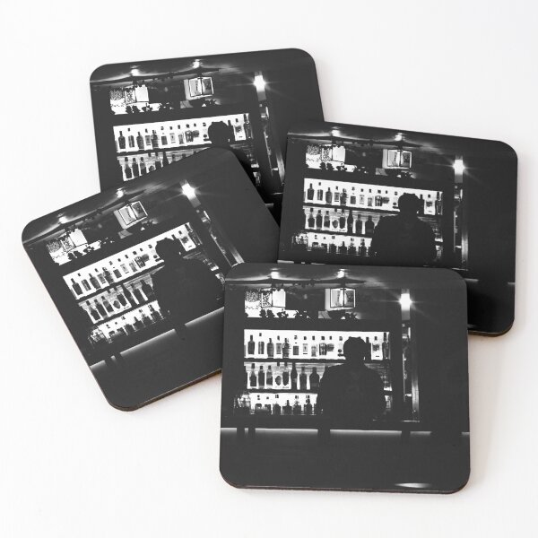 Item preview, Black Silhouette at Bar – Moody Black and White Photography with Backlit Bottles designed and sold by Deathcocoshots.