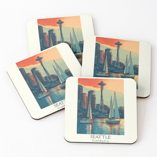 Item preview, Seattle Washington Vintage Travel Poster | Emerald City Skyline Art designed and sold by TuncGK.