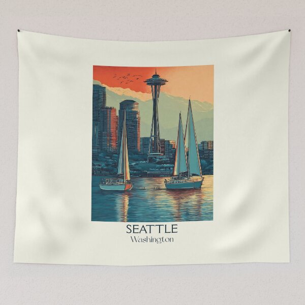 Item preview, Seattle Washington Vintage Travel Poster | Emerald City Skyline Art designed and sold by TuncGK.