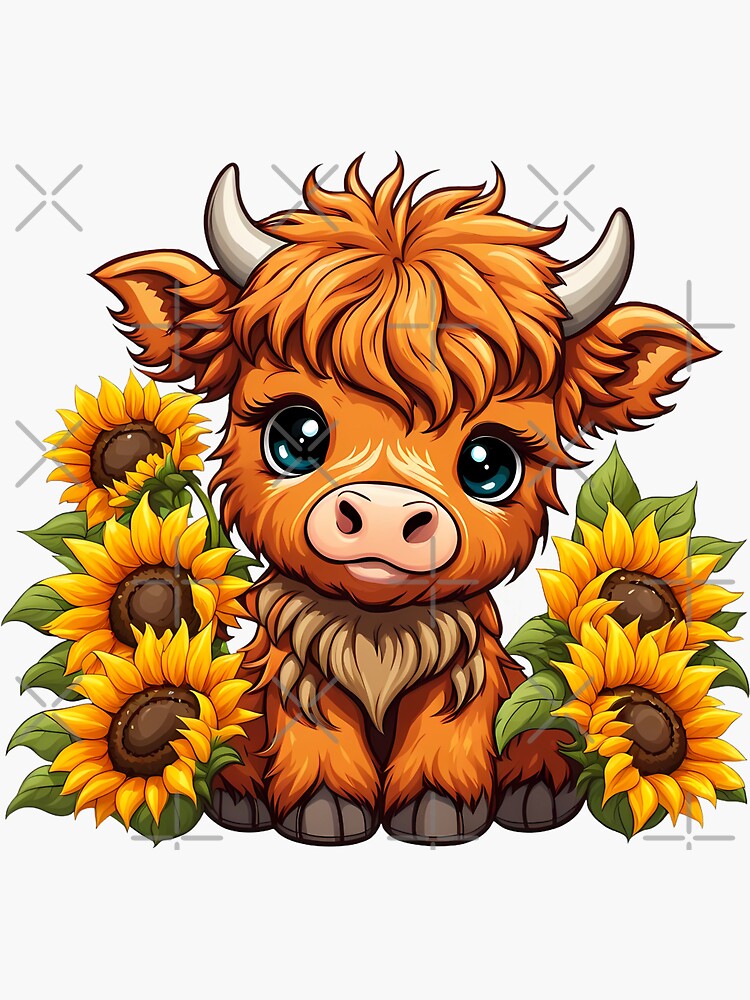 Cute Highland Cow with Sunflowers Art Board Print