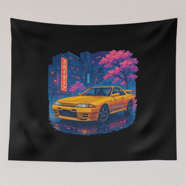 Artikelvorschau, Nissan Skyline R32 – Gelbe JDM-Straßenkunst entworfen und verkauft von Ahau Designs.