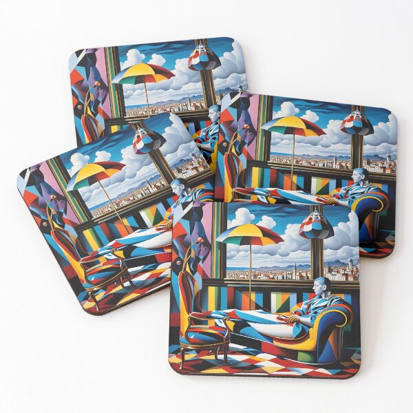 Item preview, Cubist Daydream – Psychedelic Harlequin Interior with Cityscape View designed and sold by artmanikin.