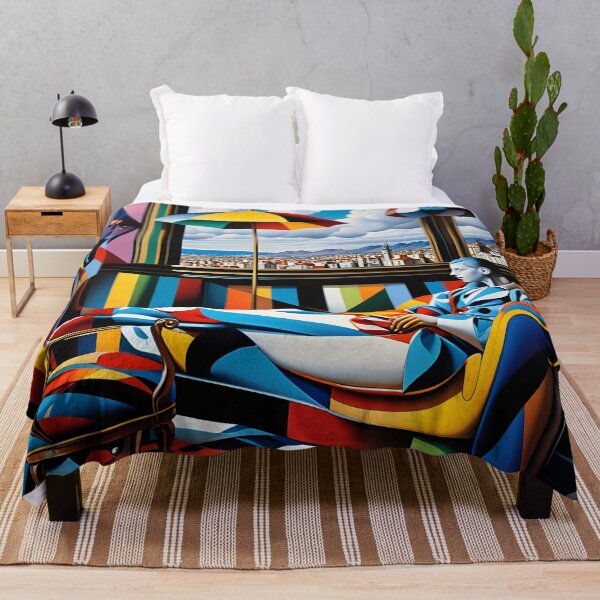Item preview, Cubist Daydream – Psychedelic Harlequin Interior with Cityscape View designed and sold by artmanikin.