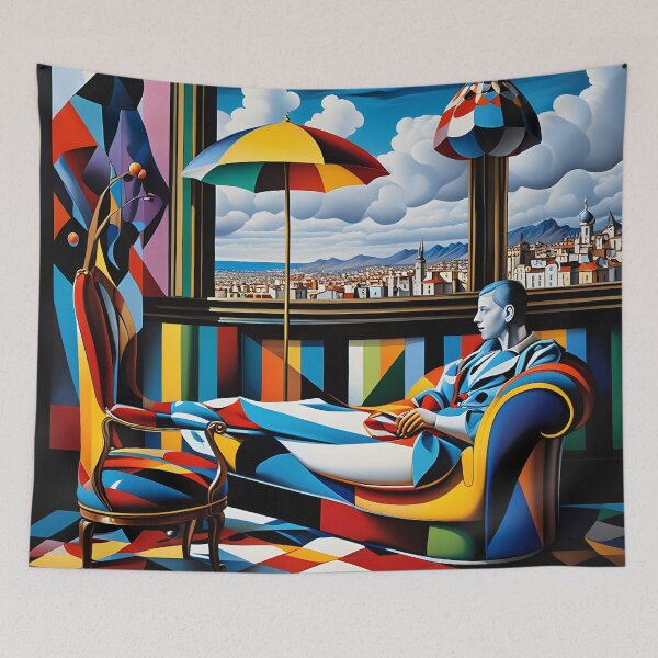 Item preview, Cubist Daydream – Psychedelic Harlequin Interior with Cityscape View designed and sold by artmanikin.