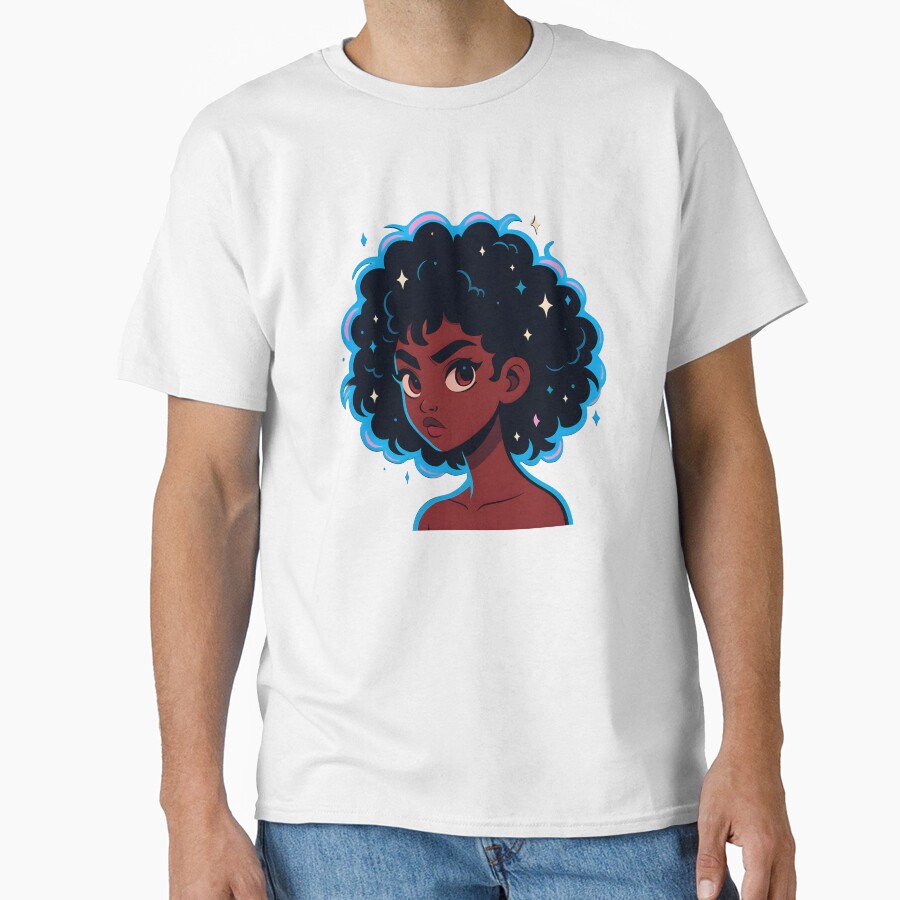 Afro Anime Girl – Dark Skin Beauty With Blue & Pink Cosmic Aura Classic T-Shirt Theteepulse