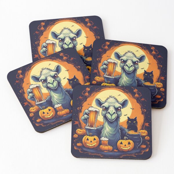 Artikelvorschau, Cheers Dudes: Ein Camel's Cauldron Halloween Trick-or-Treat, lebendiges und gruseliges Design mit einem Kamel, Kürbissen, Fledermäusen und schwarzen Katzen entworfen und verkauft von Camel & Quirk.