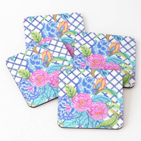 Item preview, Preppy, Grandmillennial tobacco flowers and leaves on blue and white chinoiserie lattice designed and sold by SophieClimaArt.