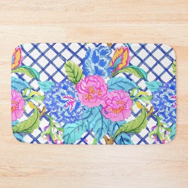 Item preview, Flores y hojas de tabaco preppy, Grandmillennial, sobre un enrejado chinoiserie azul y blanco designed and sold by SophieClimaArt.