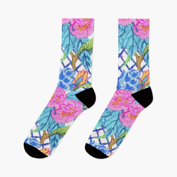 Item preview, Preppy, Grandmillennial tobacco flowers and leaves on blue and white chinoiserie lattice designed and sold by SophieClimaArt.