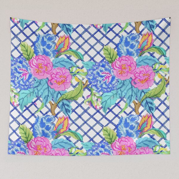 Item preview, Preppy, Grandmillennial tobacco flowers and leaves on blue and white chinoiserie lattice designed and sold by SophieClimaArt.