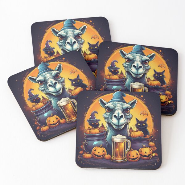 Artikelvorschau, Lasst uns feiern: Halloween Trick-or-Treat, ein lebendiges und gruseliges Design mit einem Kamel, Kürbissen, Fledermäusen und schwarzen Katzen entworfen und verkauft von Camel & Quirk.