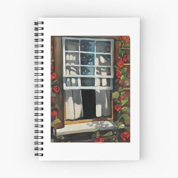 Item preview, Cabin Window With Red Hollyhocks, Curtains, Sunshine, Painting designed and sold by JoyfulWhimsy.