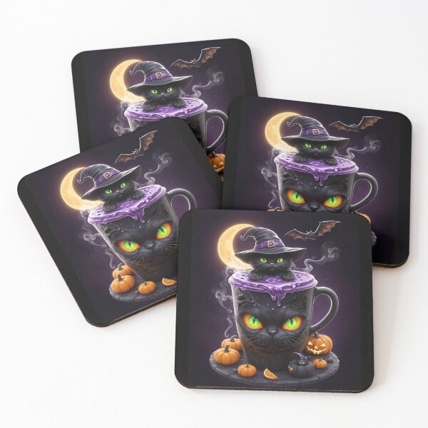 Item preview, Witch Cat Halloween Latte – Creepy Cute Coffee with Pumpkins, Bats & Moon designed and sold by CamillaCreation.