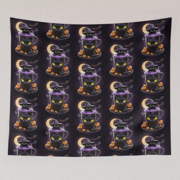 Item preview, Witch Cat Halloween Latte – Creepy Cute Coffee with Pumpkins, Bats & Moon designed and sold by CamillaCreation.