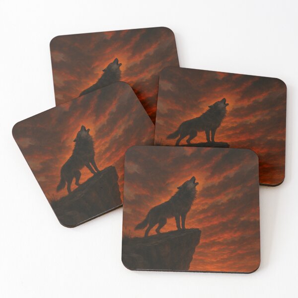 Artikelvorschau, Einsamer Wolf heult bei feurigem Sonnenuntergang entworfen und verkauft von Enchanting Art Vista.