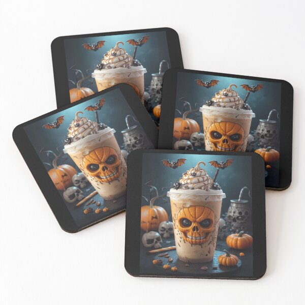 Item preview, Pumpkin Skull Iced Latte – Creepy-Cute Halloween Coffee with Bats & Caramel Swirls designed and sold by CamillaCreation.