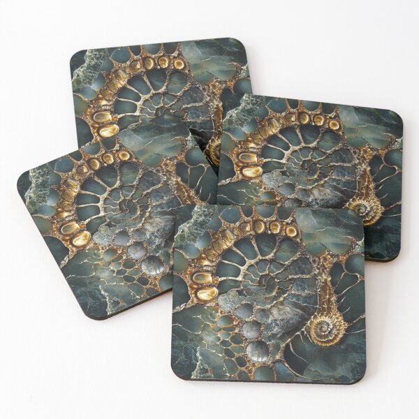 Item preview, ammonoid gemstone fractal fossil teal gold designed and sold by EarthenEmbers.