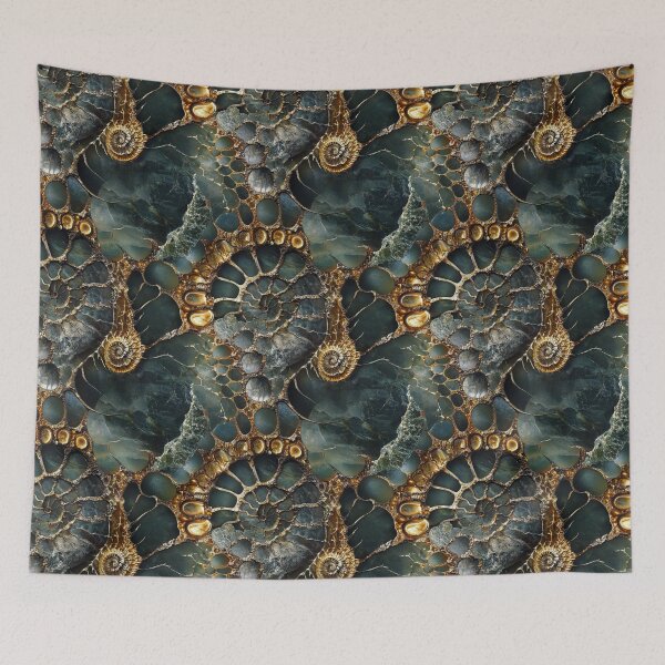 Item preview, ammonoid gemstone fractal fossil teal gold designed and sold by EarthenEmbers.