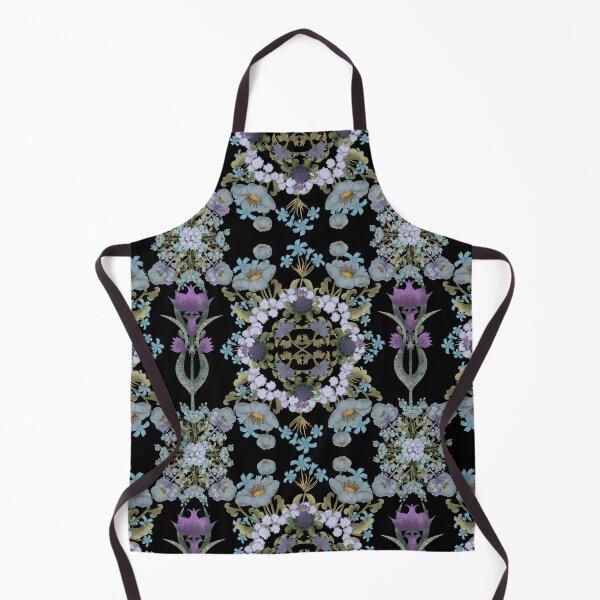 Item preview, Seamless pattern on a black background with stylized blue flowers. Hand painted botanical print designed and sold by Grin Katalina Floral Patterns & Cozy Art.
