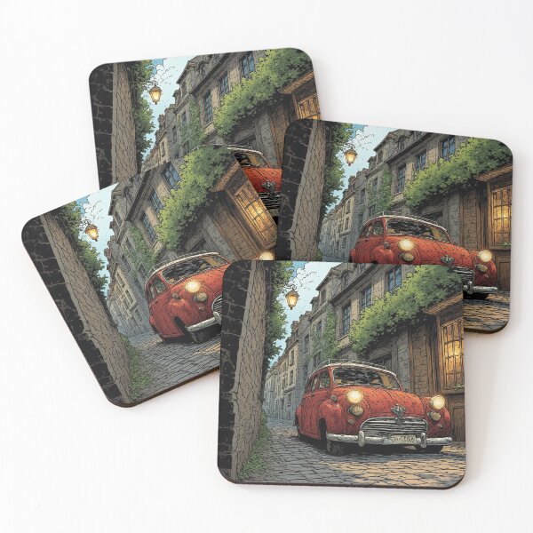 Item preview, Vintage Red Compact Car in a European Alley – Classic Car Illustration by NegarTv Designs designed and sold by NegarTv Designs.