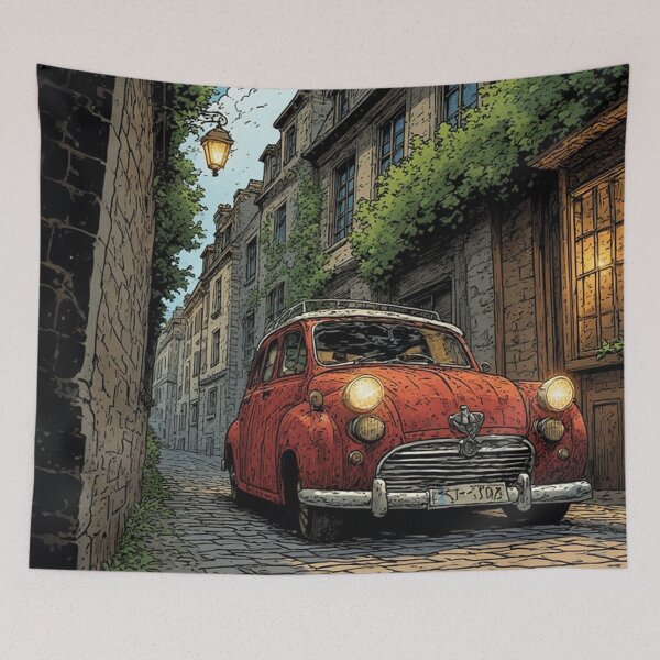 Item preview, Vintage Red Compact Car in a European Alley – Classic Car Illustration by NegarTv Designs designed and sold by NegarTv Designs.