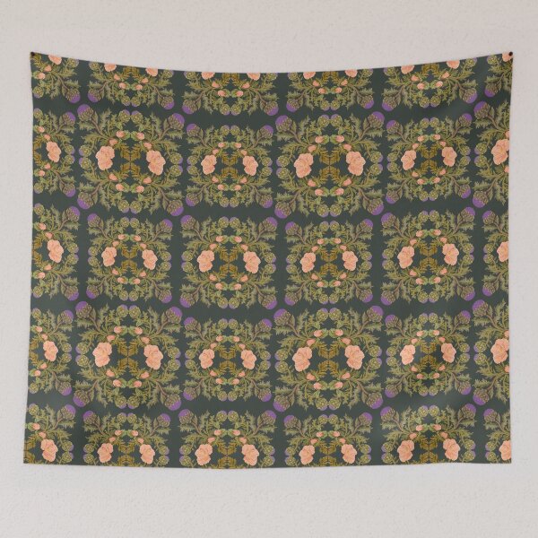 Item preview, Watercolor purple artichoke and poppies. Seamless pattern on blue background designed and sold by Grin Katalina Floral Patterns & Cozy Art.