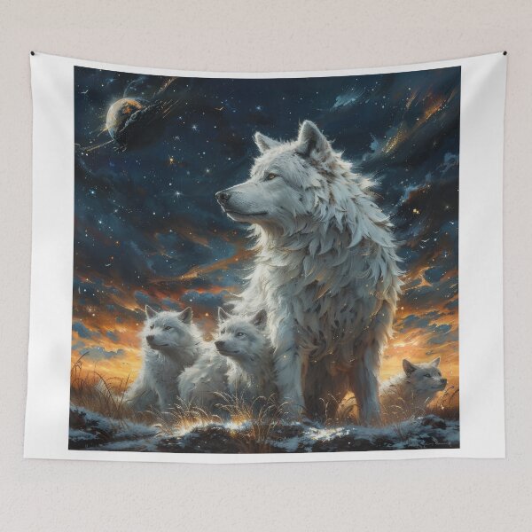 Item preview, White wolves under a cosmic starry sky designed and sold by Daagath.