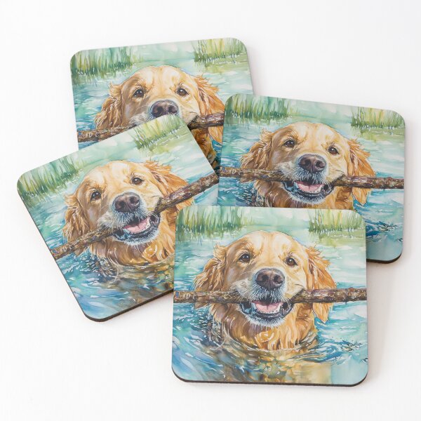Item preview, Golden Retriever Swimming with Stick – Watercolour Dog Art in Aqua and Teal designed and sold by Gino By Design.