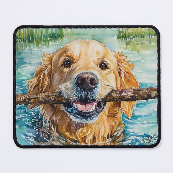 Item preview, Golden Retriever Swimming with Stick – Watercolour Dog Art in Aqua and Teal designed and sold by Gino By Design.