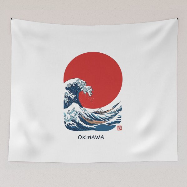 Item preview, Vintage Okinawa Japan Shisa Dogs and Great Wave Sun Art Print - Classic Japanese Souvenir Design, T-shirt Graphic, Home Decor, Travel Gift designed and sold by Colorful-Garden.