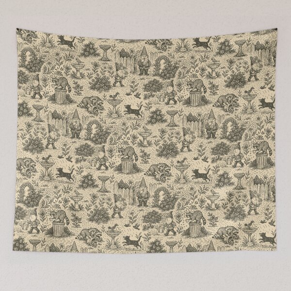 Item preview, Chinoiserie Garden Gnome Toile Pattern, Vintage Woodland Illustration on Cream designed and sold by MindFulStudios.