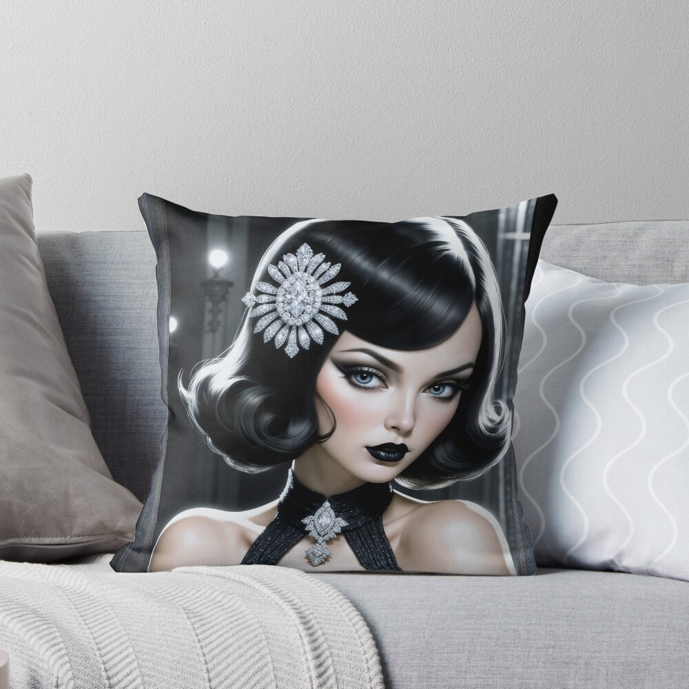 Enchanting Art Deco Glamour Portrait Of Valeriana Desalias Stunning AI Concept Art by Xzendor7 Decorative Art Print Throw Pillow