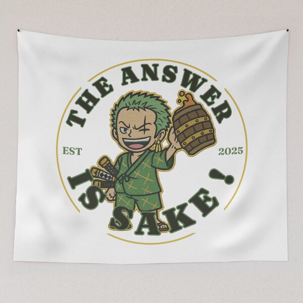 Item preview, One Piece Zoro Meme “The Answer is Sake” Embroidery Style Funny Anime Design designed and sold by UMI BLOOM.