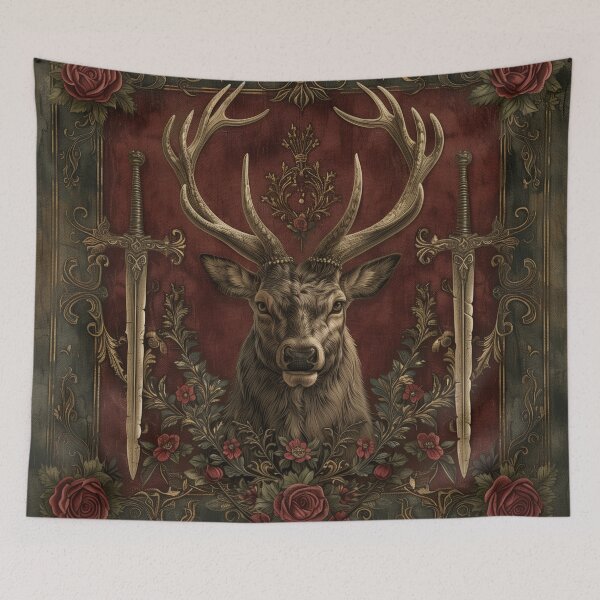Item preview, Castlecore Heraldry Stag Crest – Medieval Red Shield, Swords & Roses designed and sold by ArgentoArt.