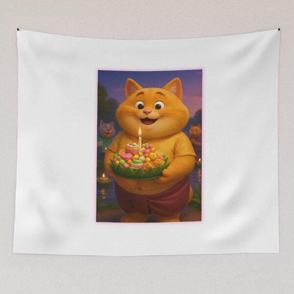 Item preview, Cute Chubby Cat with Thai Loy Krathong Dessert Basket – Cartoon Illustration designed and sold by konthai.familyart.
