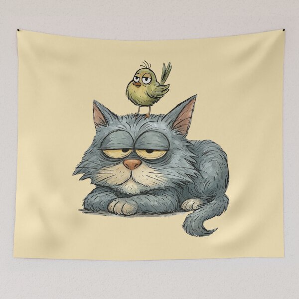 Item preview, Sleepy Scruffy Cat with Bird Illustration designed and sold by Myra365Art.