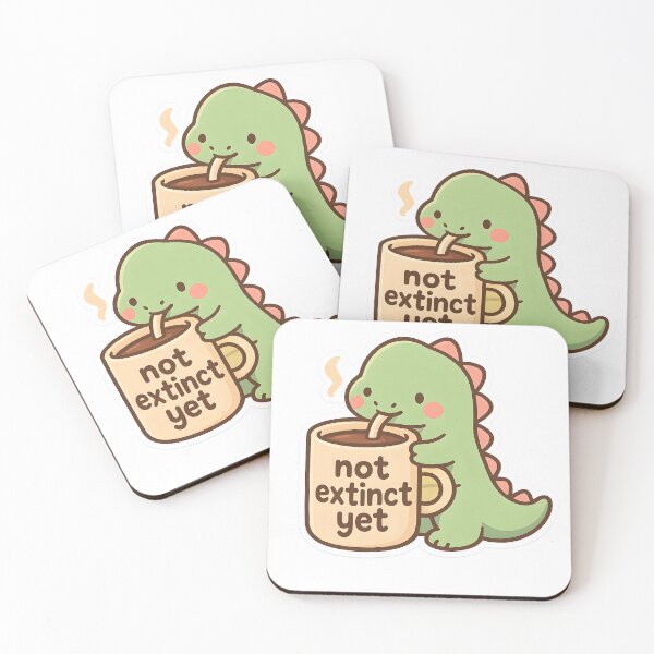 Item preview, Not extinct yet - Meme of a cute baby dinosaur holding cup of coffee or espresso designed and sold by SassyArtistry.